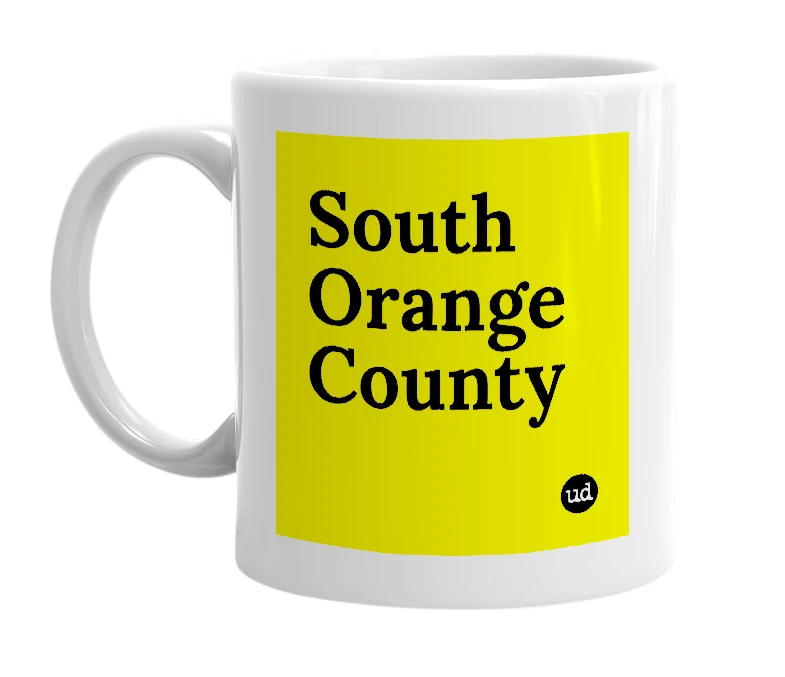 White mug with 'South Orange County' in bold black letters