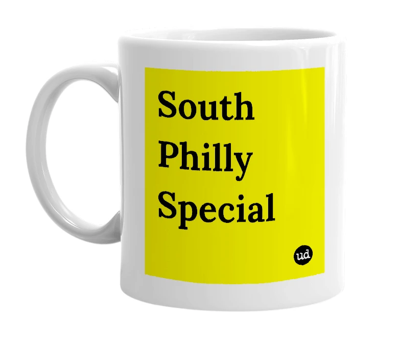 White mug with 'South Philly Special' in bold black letters