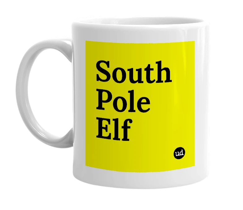 White mug with 'South Pole Elf' in bold black letters