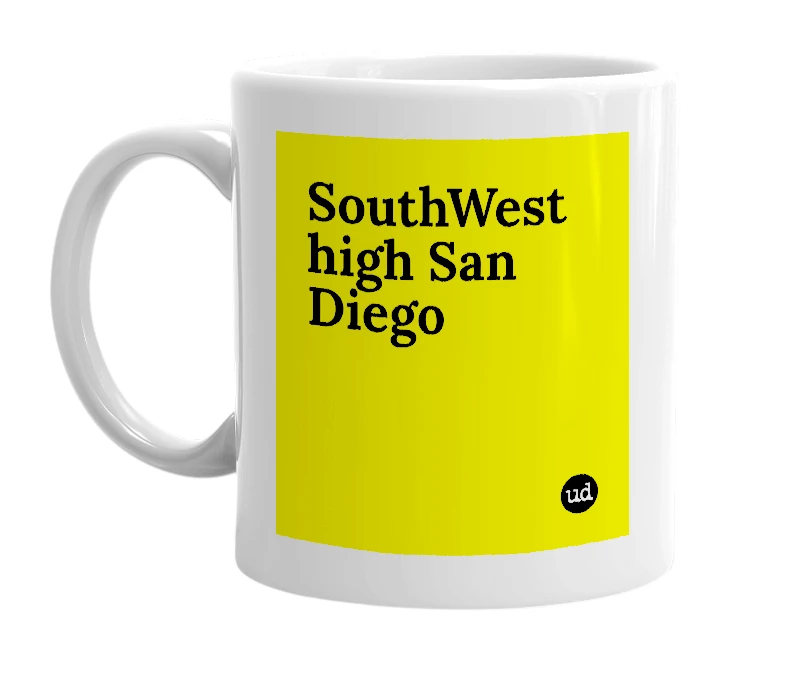 White mug with 'SouthWest high San Diego' in bold black letters