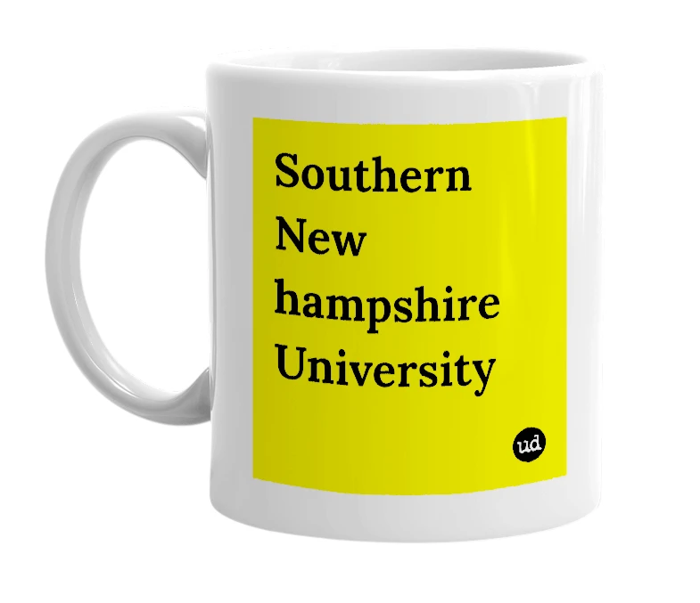 White mug with 'Southern New hampshire University' in bold black letters