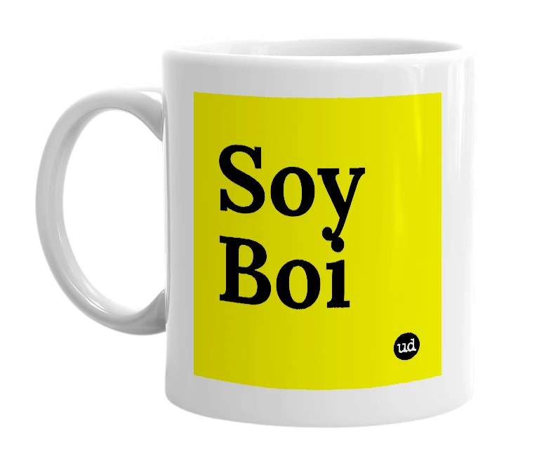 White mug with 'Soy Boi' in bold black letters