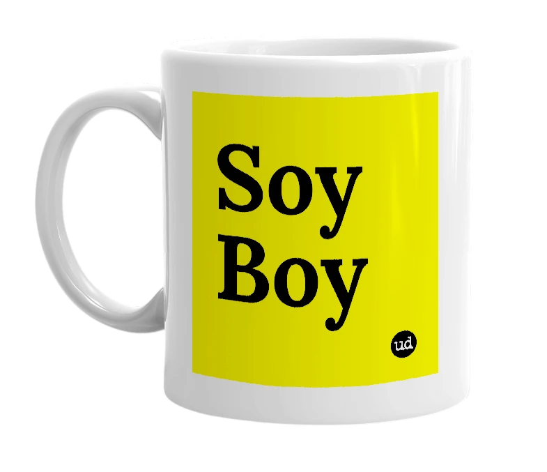 White mug with 'Soy Boy' in bold black letters