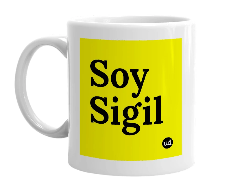 White mug with 'Soy Sigil' in bold black letters