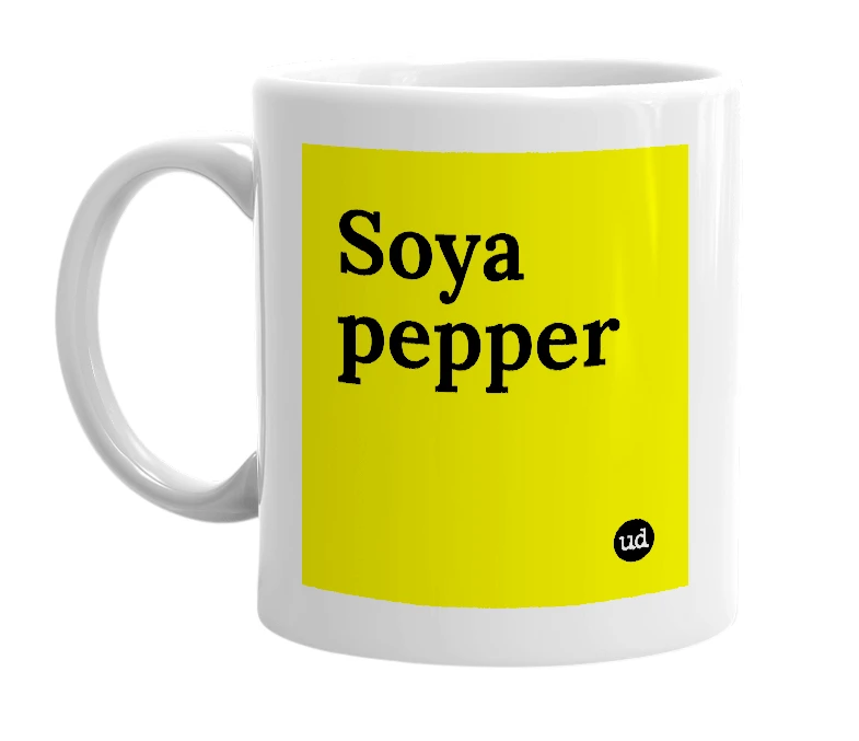 White mug with 'Soya pepper' in bold black letters