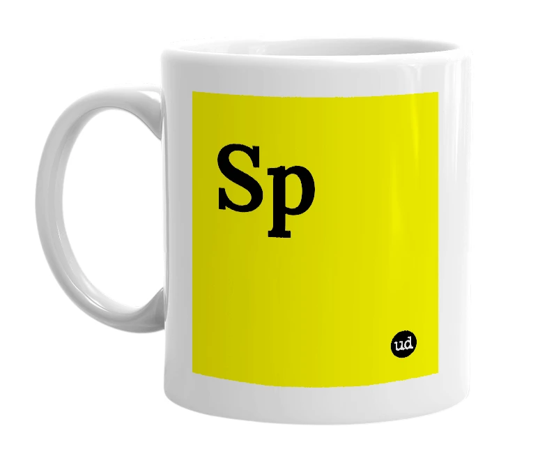 White mug with 'Sp' in bold black letters