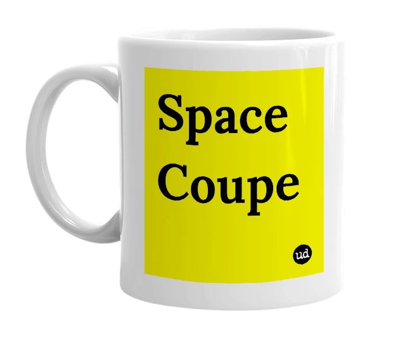 White mug with 'Space Coupe' in bold black letters