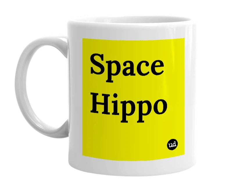 White mug with 'Space Hippo' in bold black letters