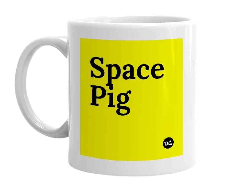White mug with 'Space Pig' in bold black letters