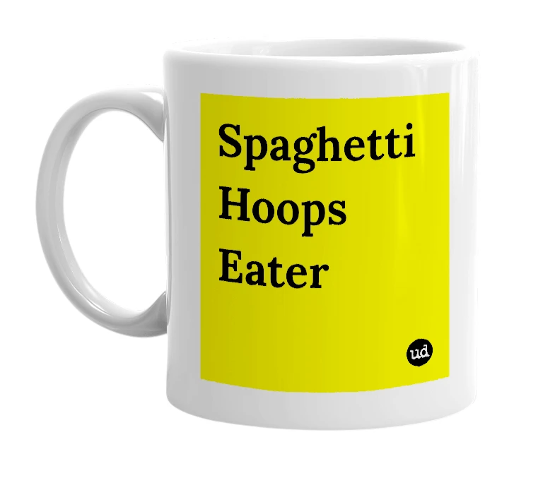 White mug with 'Spaghetti Hoops Eater' in bold black letters