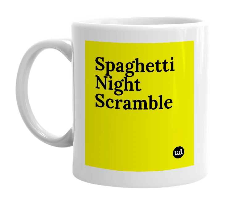 White mug with 'Spaghetti Night Scramble' in bold black letters