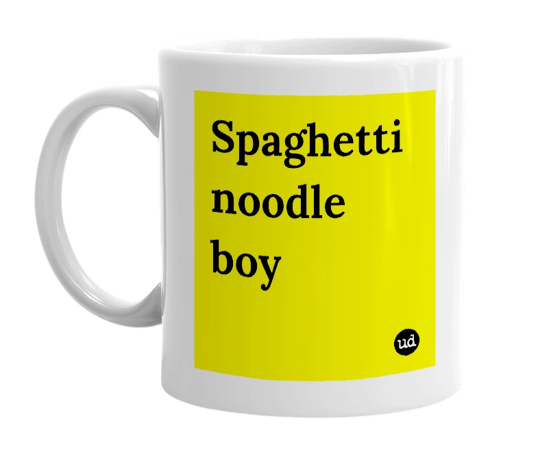 White mug with 'Spaghetti noodle boy' in bold black letters