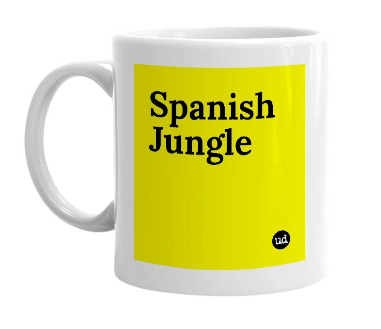 White mug with 'Spanish Jungle' in bold black letters