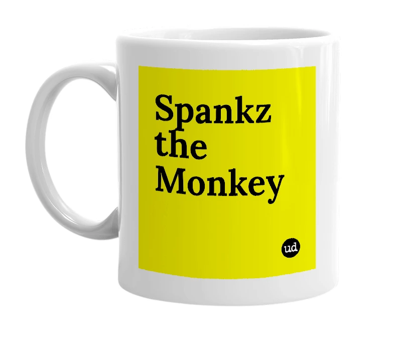 White mug with 'Spankz the Monkey' in bold black letters