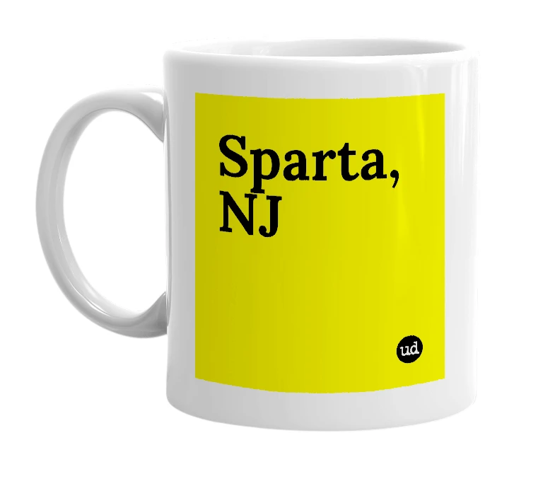 White mug with 'Sparta, NJ' in bold black letters