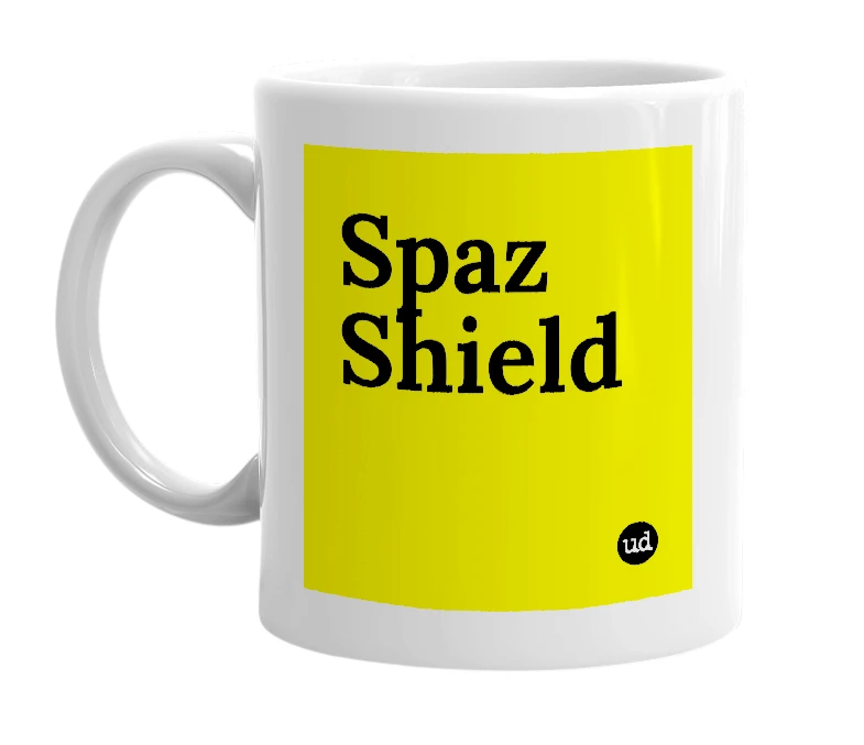 White mug with 'Spaz Shield' in bold black letters