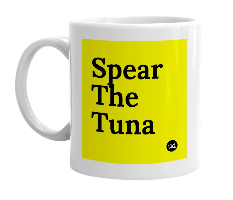 White mug with 'Spear The Tuna' in bold black letters