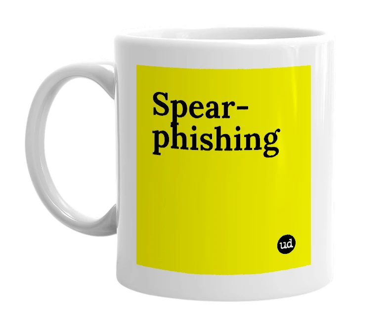White mug with 'Spear-phishing' in bold black letters