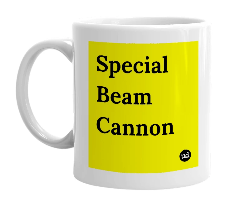 White mug with 'Special Beam Cannon' in bold black letters