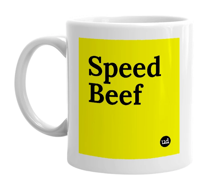 White mug with 'Speed Beef' in bold black letters