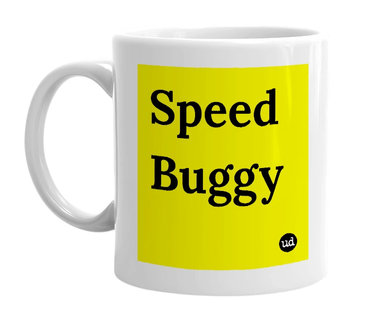 White mug with 'Speed Buggy' in bold black letters