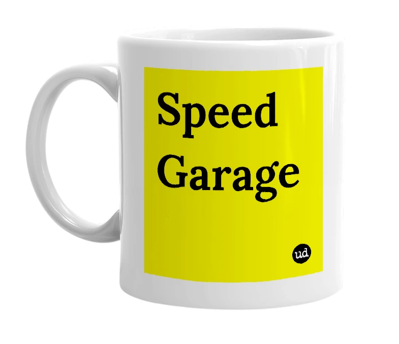 White mug with 'Speed Garage' in bold black letters