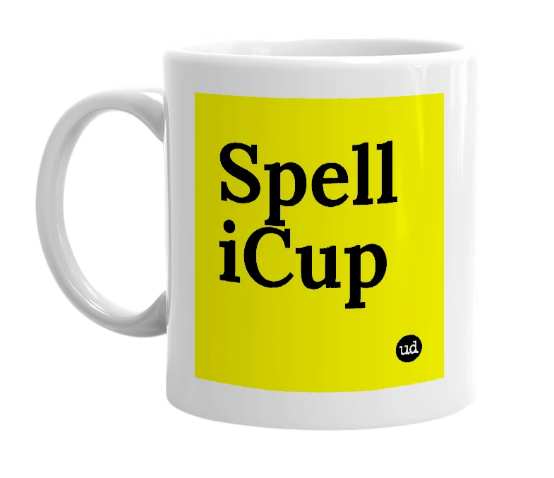 White mug with 'Spell iCup' in bold black letters