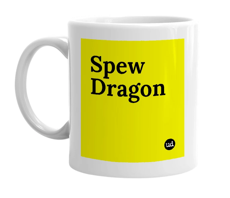 White mug with 'Spew Dragon' in bold black letters