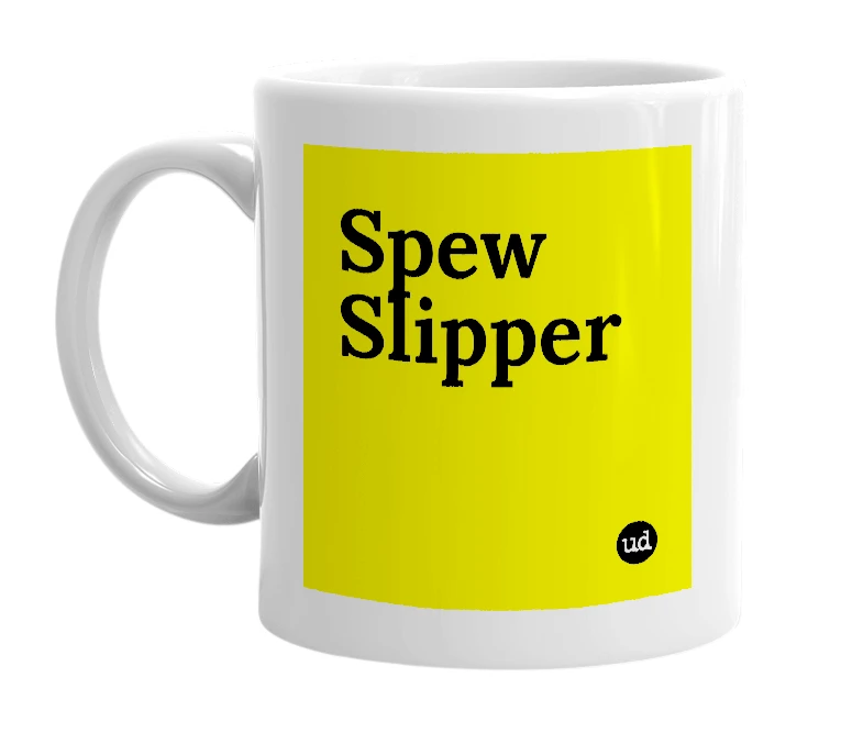 White mug with 'Spew Slipper' in bold black letters