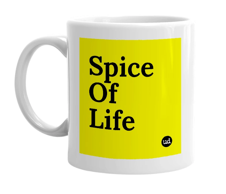 White mug with 'Spice Of Life' in bold black letters