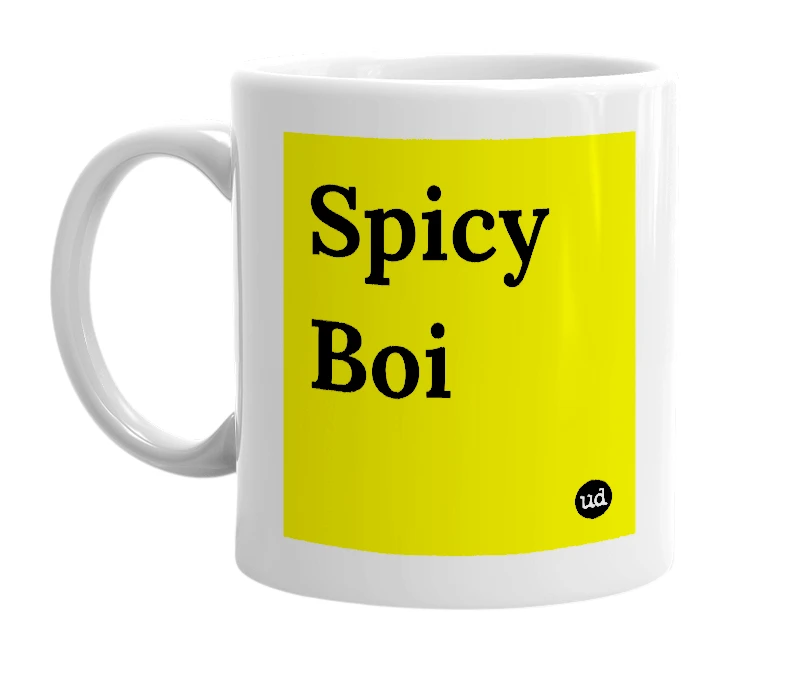 White mug with 'Spicy Boi' in bold black letters