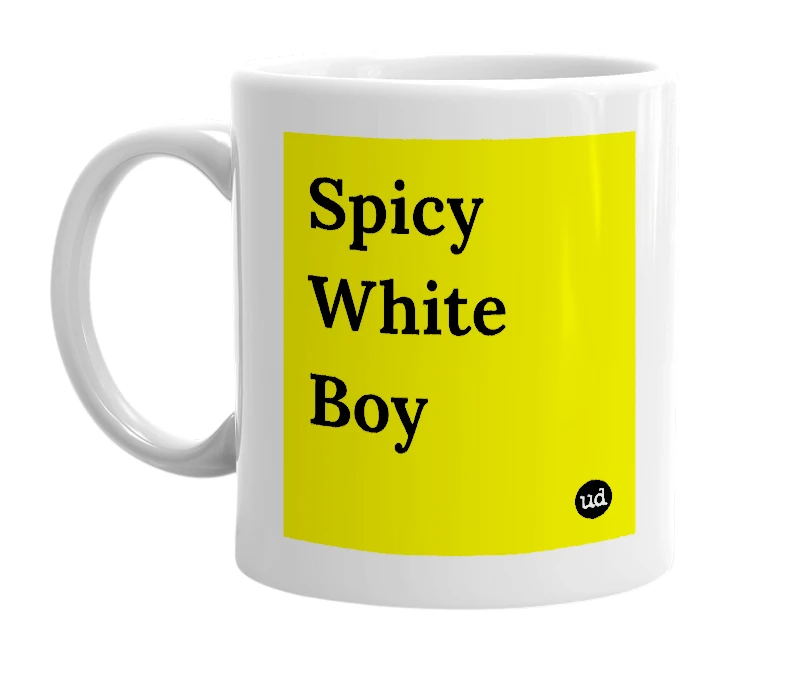 White mug with 'Spicy White Boy' in bold black letters