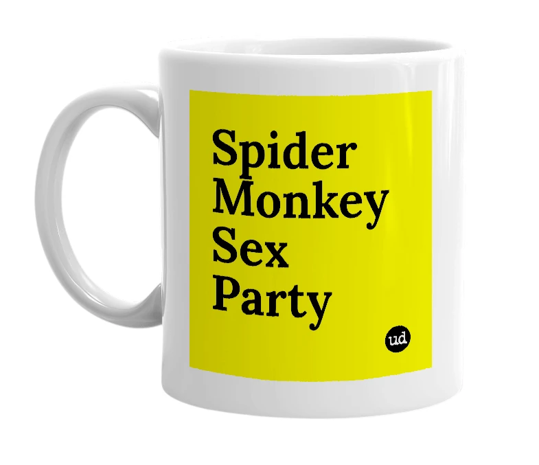 White mug with 'Spider Monkey Sex Party' in bold black letters