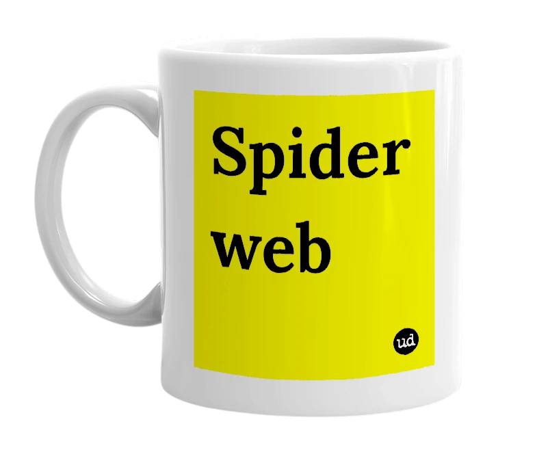 White mug with 'Spider web' in bold black letters