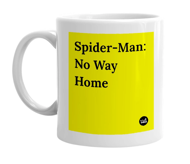 White mug with 'Spider-Man: No Way Home' in bold black letters