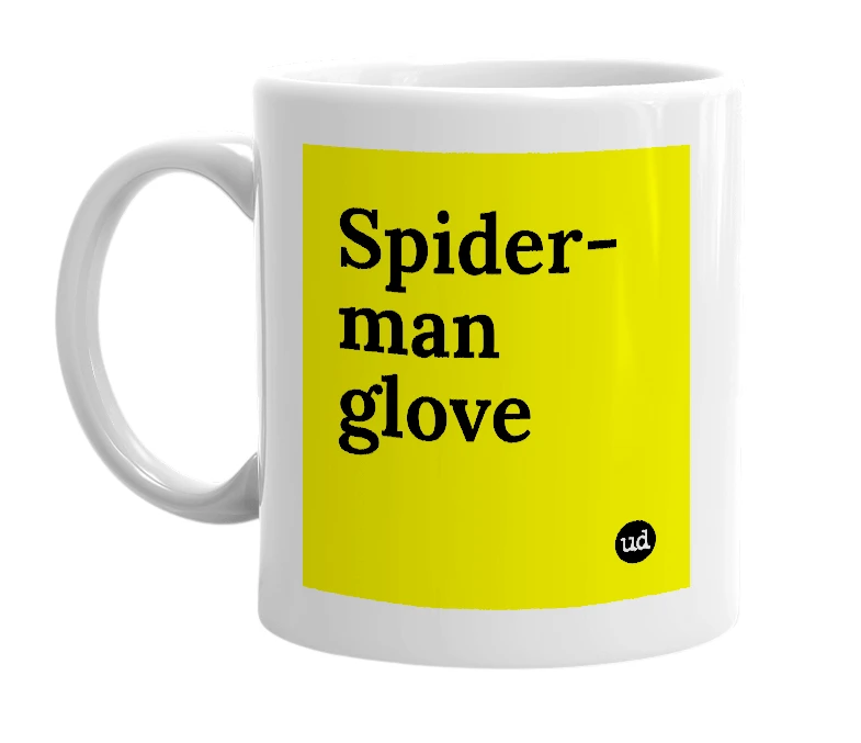 White mug with 'Spider-man glove' in bold black letters