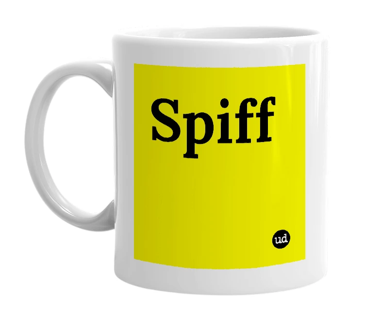 White mug with 'Spiff' in bold black letters