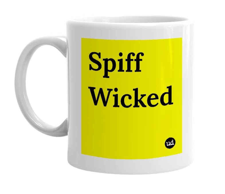 White mug with 'Spiff Wicked' in bold black letters