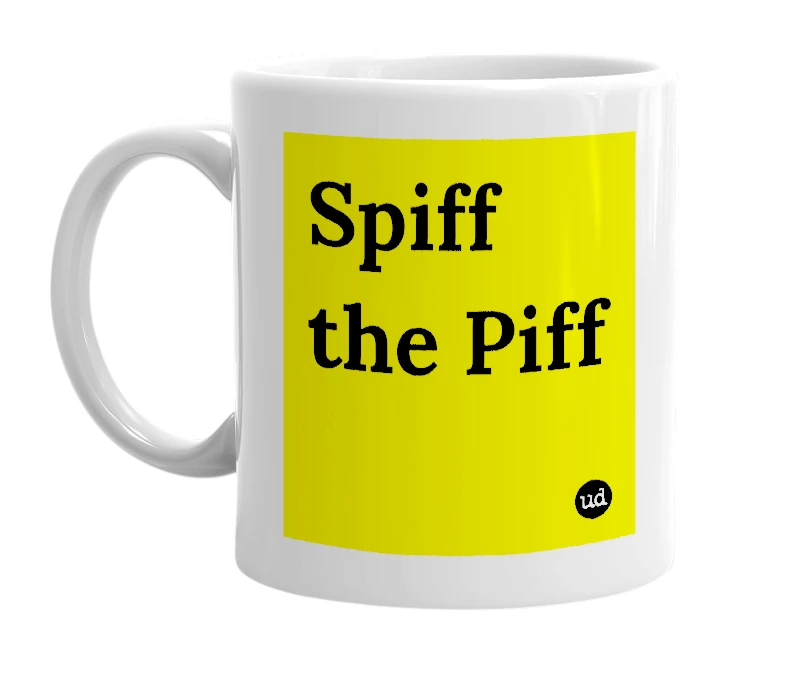 White mug with 'Spiff the Piff' in bold black letters