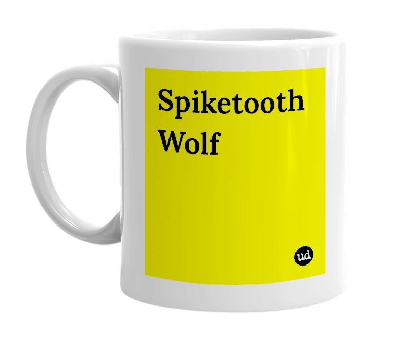 White mug with 'Spiketooth Wolf' in bold black letters