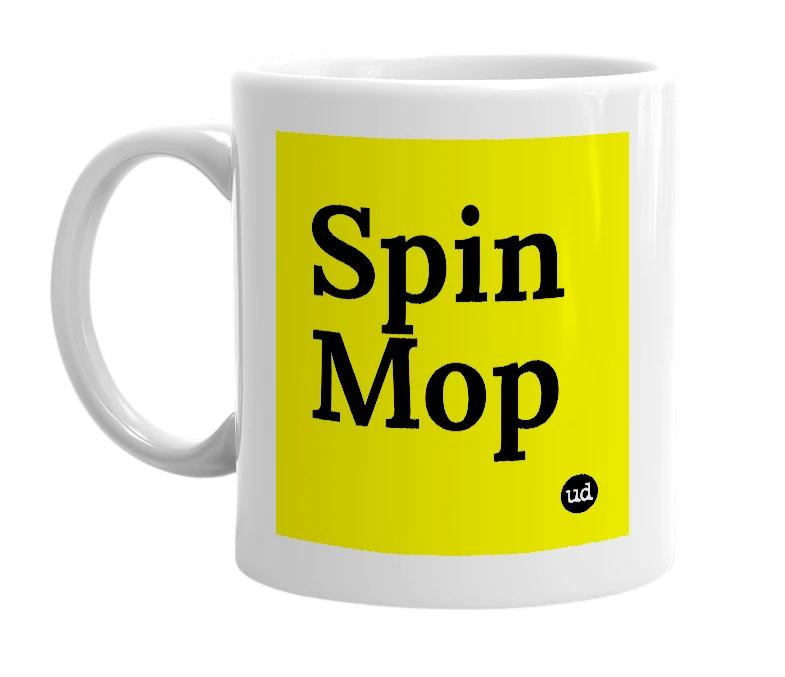 White mug with 'Spin Mop' in bold black letters
