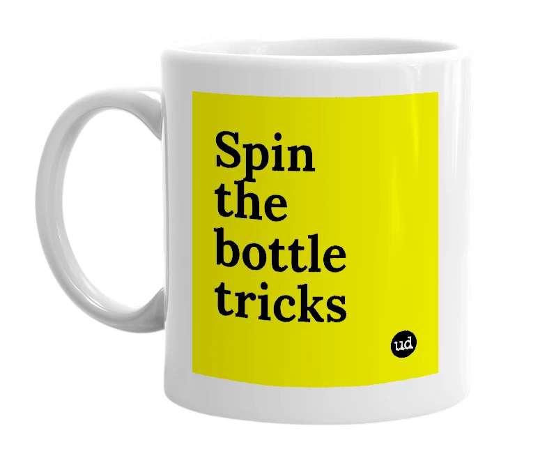 White mug with 'Spin the bottle tricks' in bold black letters