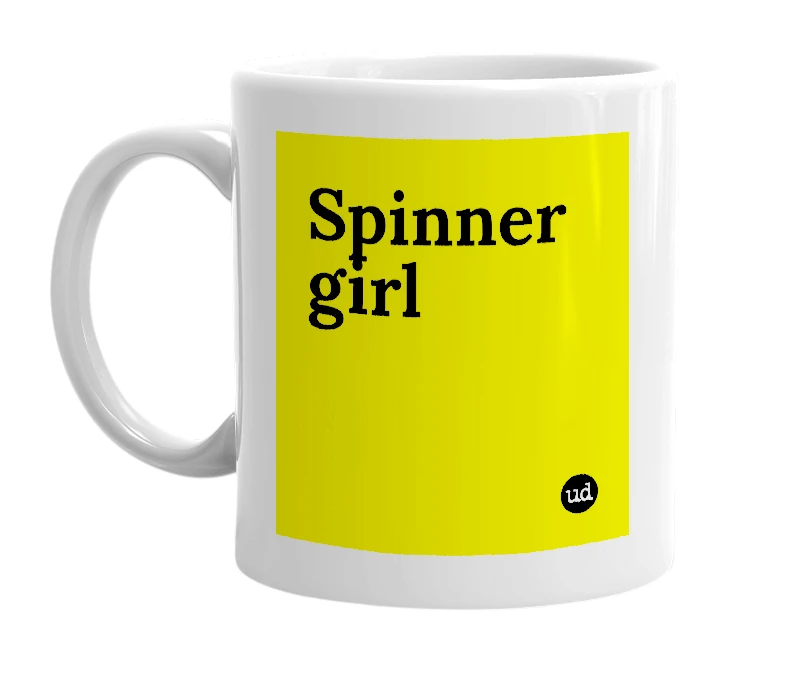 White mug with 'Spinner girl' in bold black letters