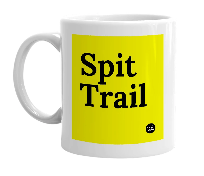 White mug with 'Spit Trail' in bold black letters