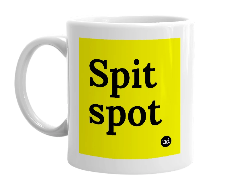 White mug with 'Spit spot' in bold black letters