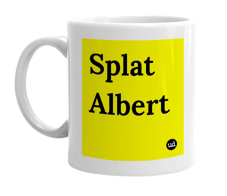 White mug with 'Splat Albert' in bold black letters