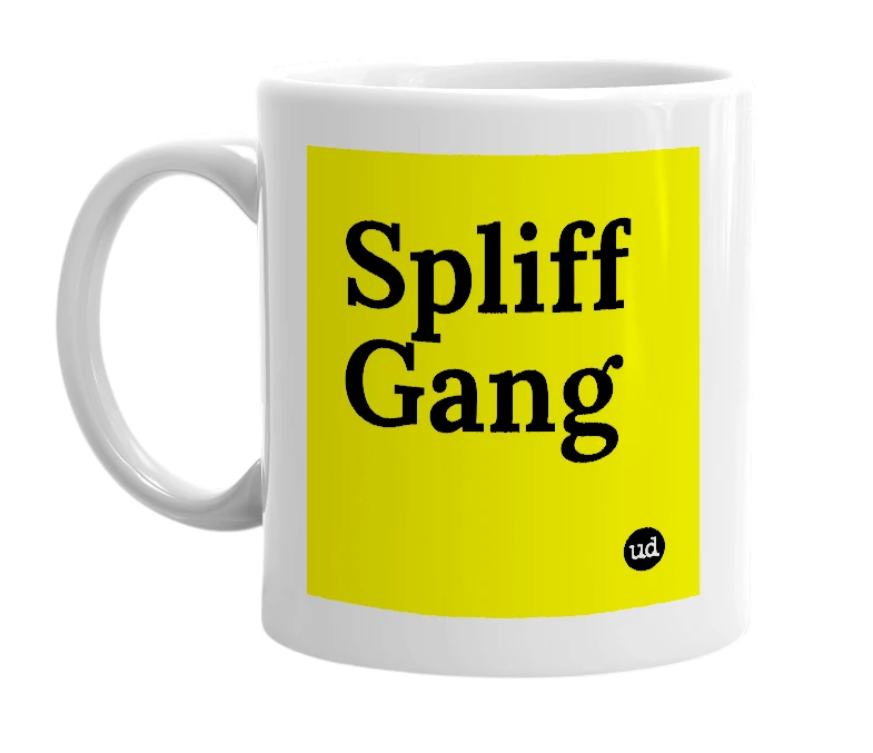 White mug with 'Spliff Gang' in bold black letters