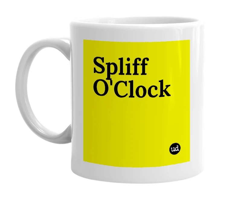 White mug with 'Spliff O'Clock' in bold black letters