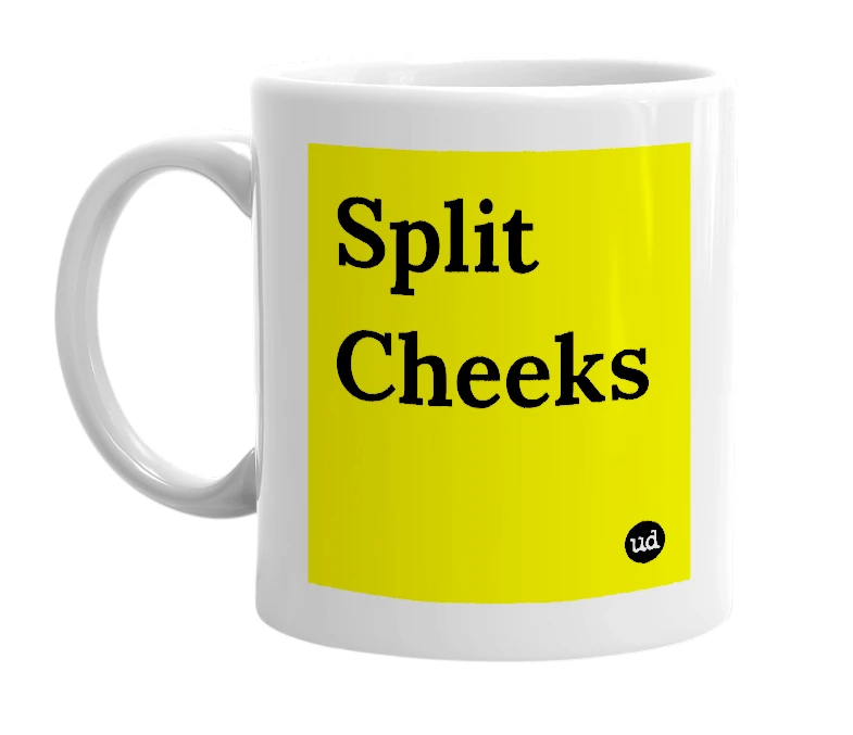 White mug with 'Split Cheeks' in bold black letters