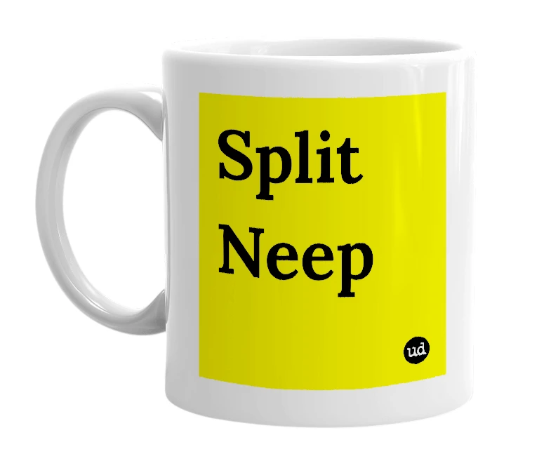 White mug with 'Split Neep' in bold black letters